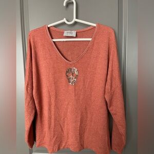 BRAND BAZAAR Rust V-Neck Blouse with Floral Skull Design